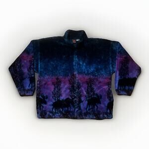 Vintage USA Made Twilight Moose Plush Fleece Sweater Jacket XL Purple Aurora
